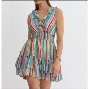 Entro Fiesta Rainbow Stripes Sleeveless‎ Ruffle Dress Sz S V Neck Stretch Waist